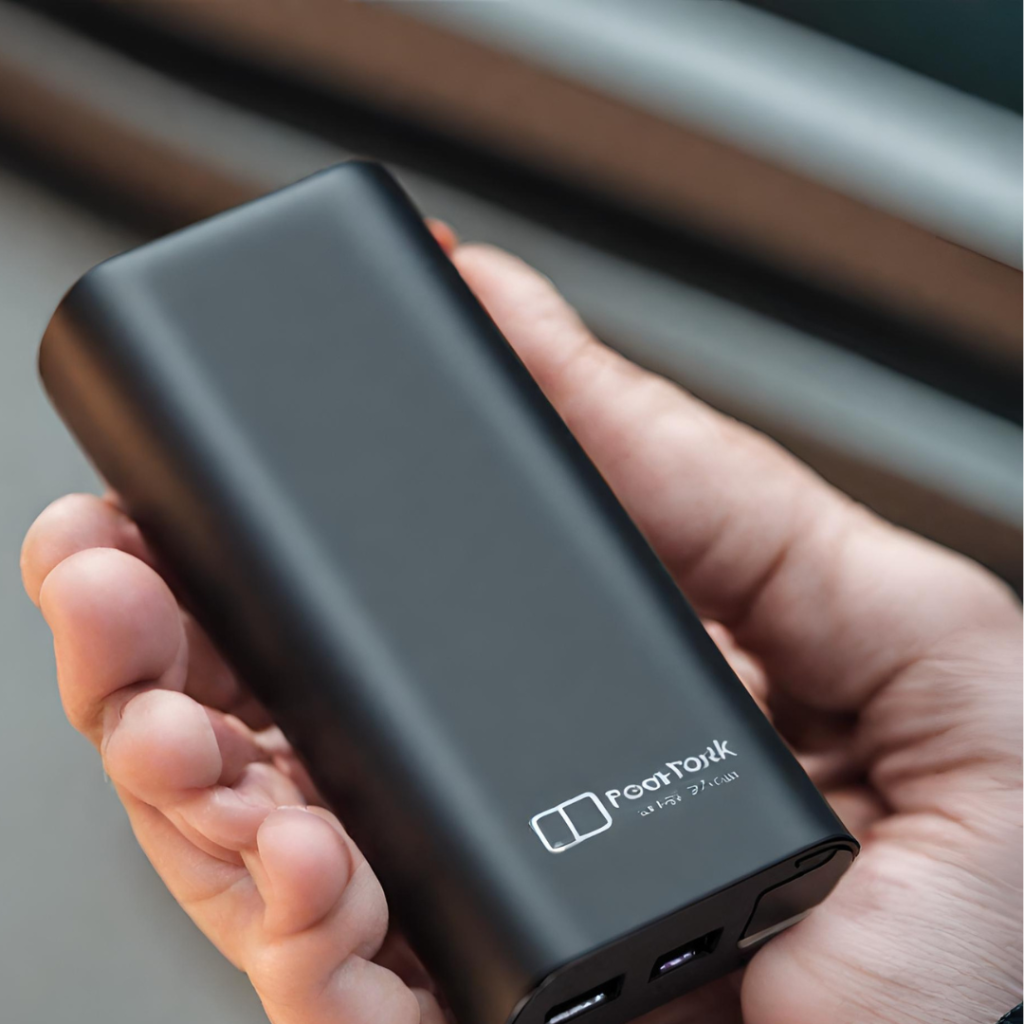 A person holding a compact power bank in their hands
