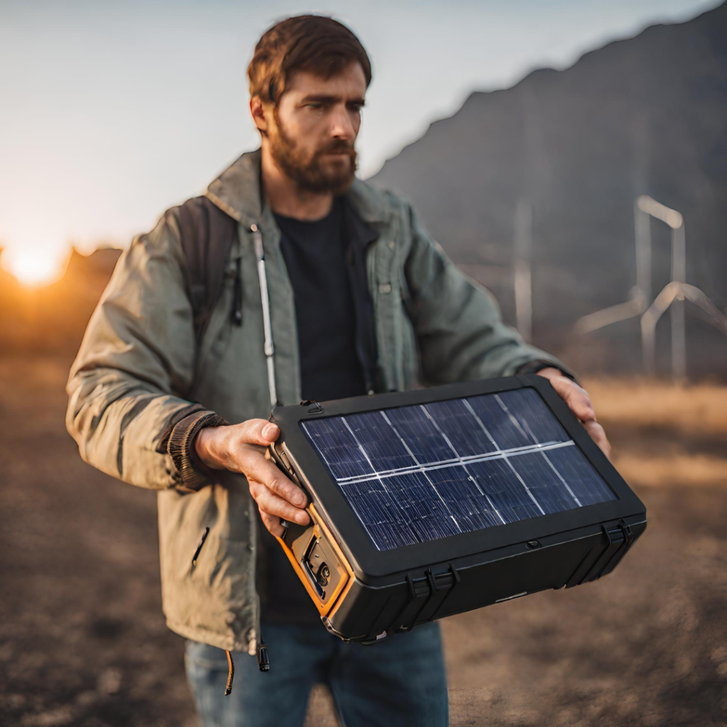 A person holding a solar-powered portable power station in their hands