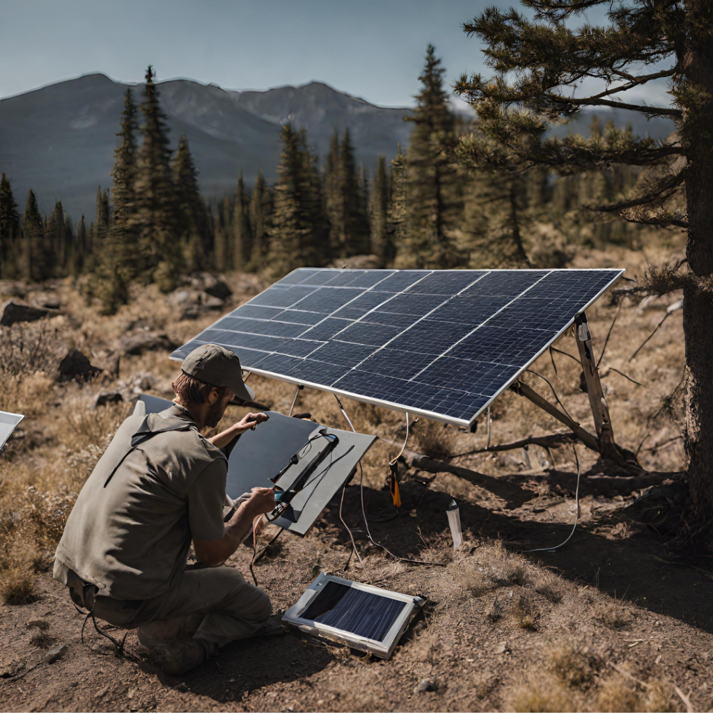 A person setting up a solar panel in the wilderness