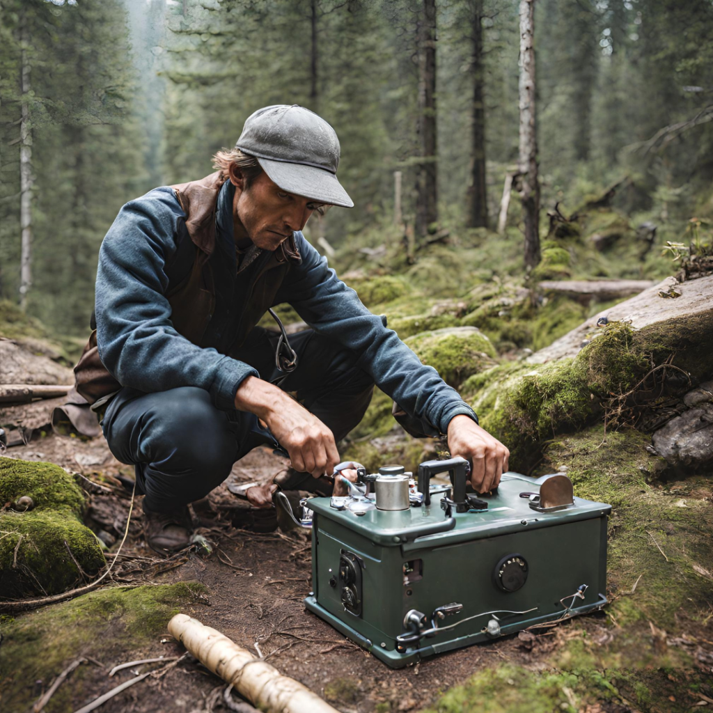 A person using a hand crank generator in the wilderness