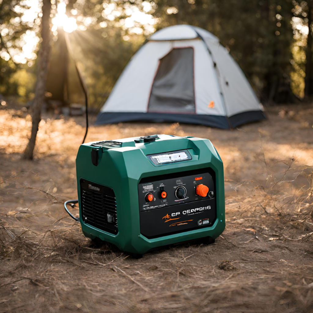 A photo of a portable camping generator with camping generator reviews and recommendations written on the side.