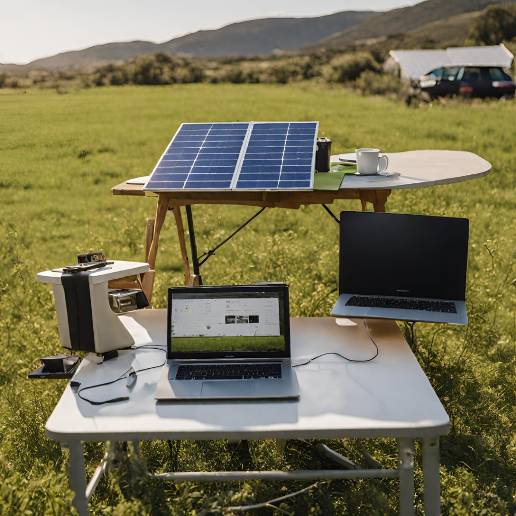 Calculating runtimes to choose the right Jackery for remote jobs showing a laptop, charger, solar panels in a remote location