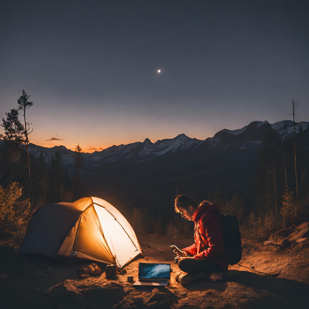 Camper in the wilderness using a power station to run devices at dusk