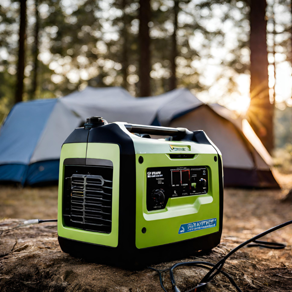 Portable generator powering up a campsite with a power output and runtime display