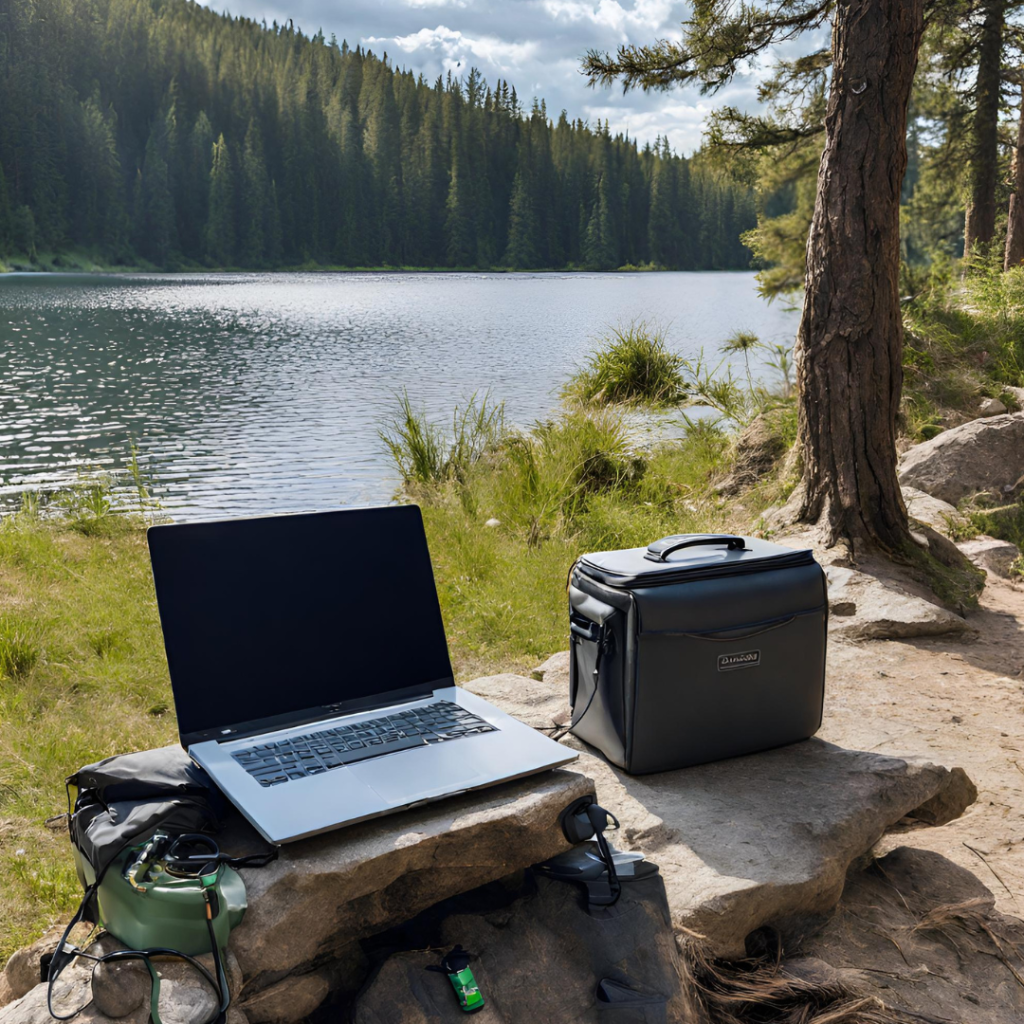 Portable power banks for campers showing a campsite with a power bank plugged into a laptop