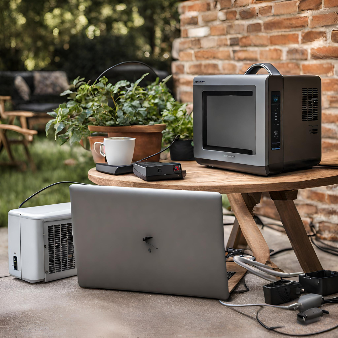 a microwave and laptop plugged into a portable power station on a patio