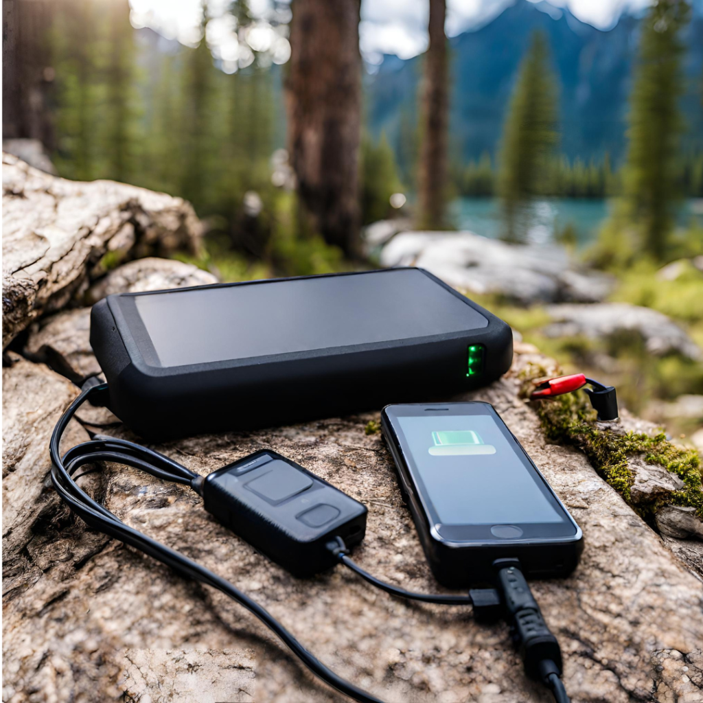 a photo of a remote campsite showing compact camping power solutions plugged into a cell phone