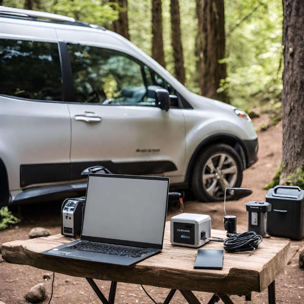 campsite with various devices plugged into a portable power station