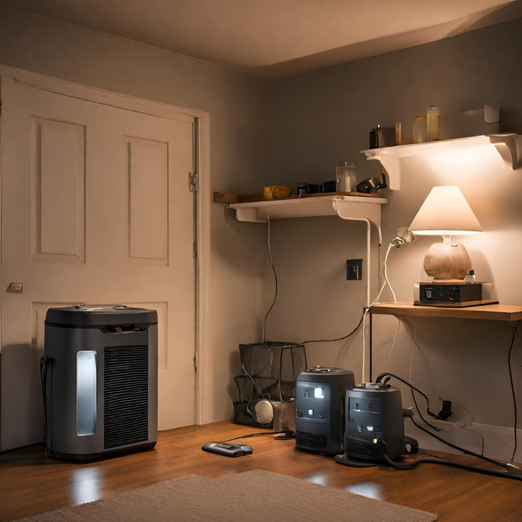a home with the power out and electrical devices plugged into a portable power station 