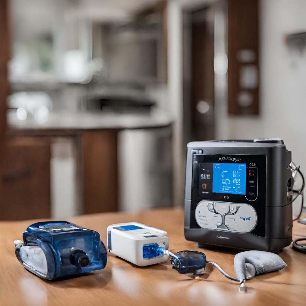 a home dining table with an oxygen concentrator, a CPAP machine and an insulin pump