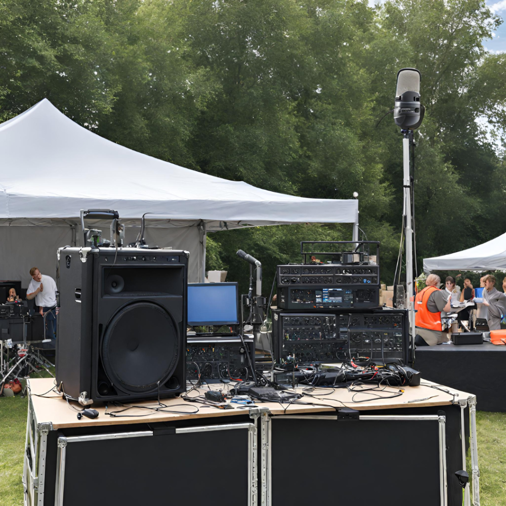 outdoor event with tents and sound system plugged into a portable power station