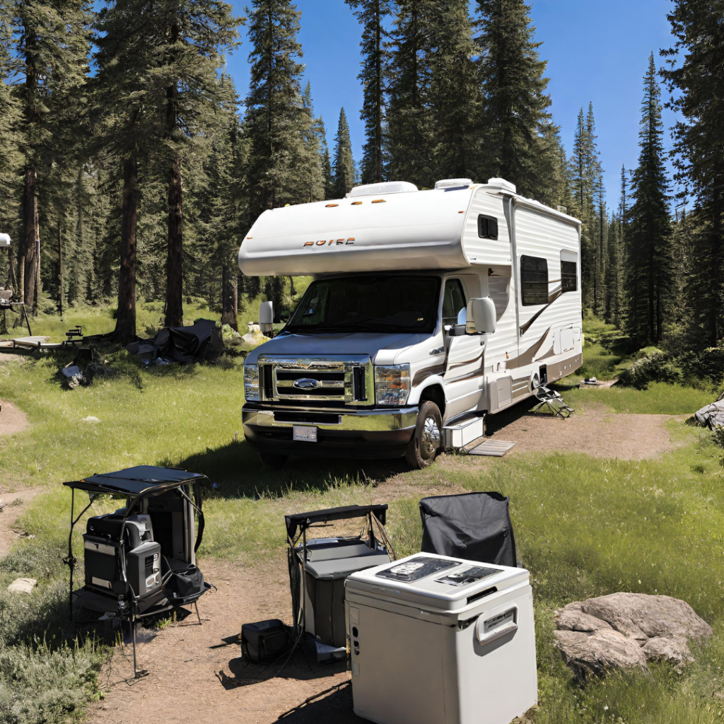 An RV parked at a campsite with electric items plugged into a portable power station