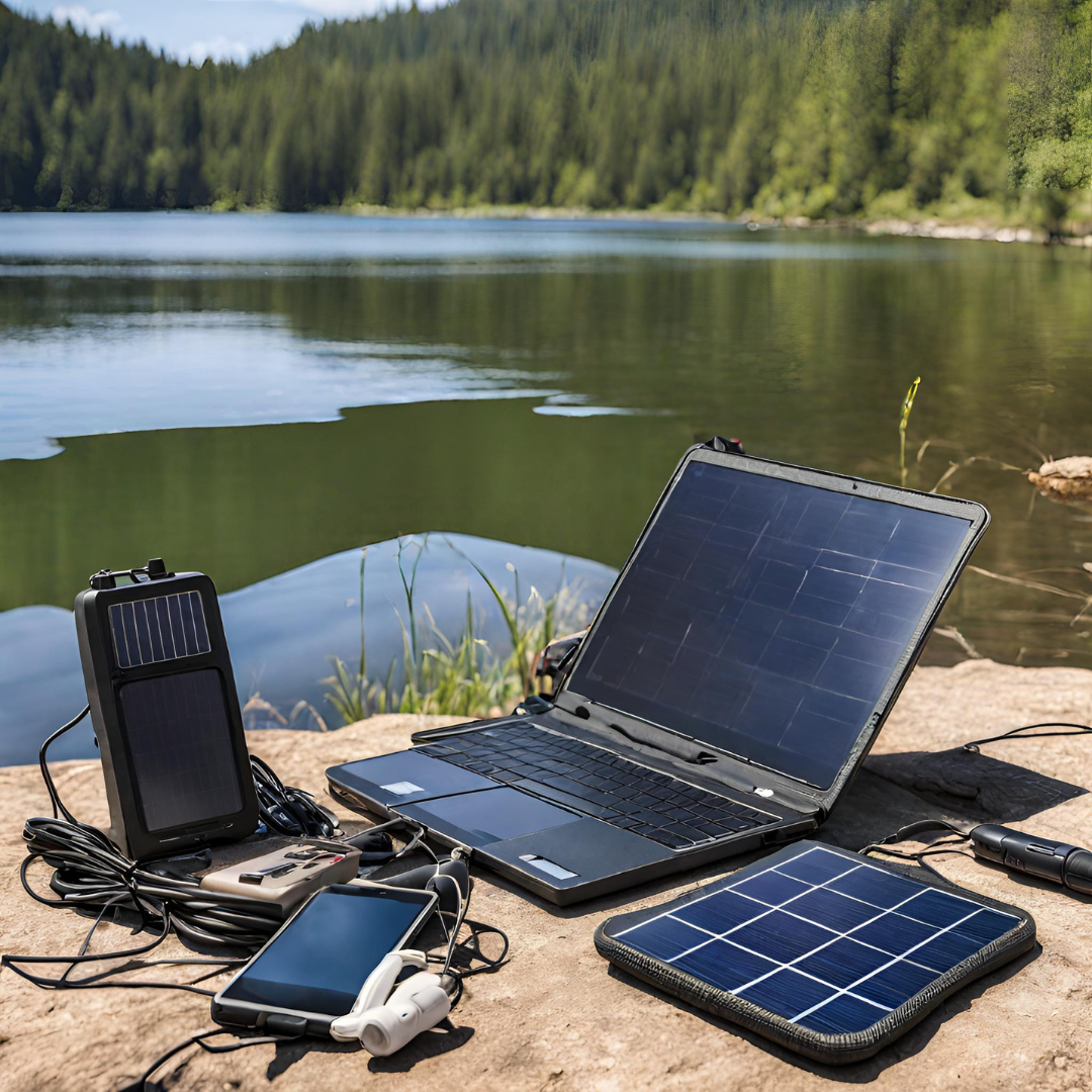 a lakeside camping scene with solar powered chargers for camping