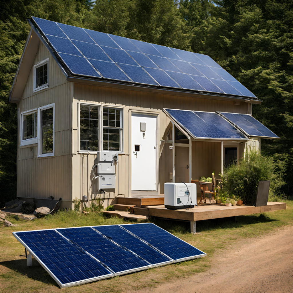 photo of small off-grid home with solar panels