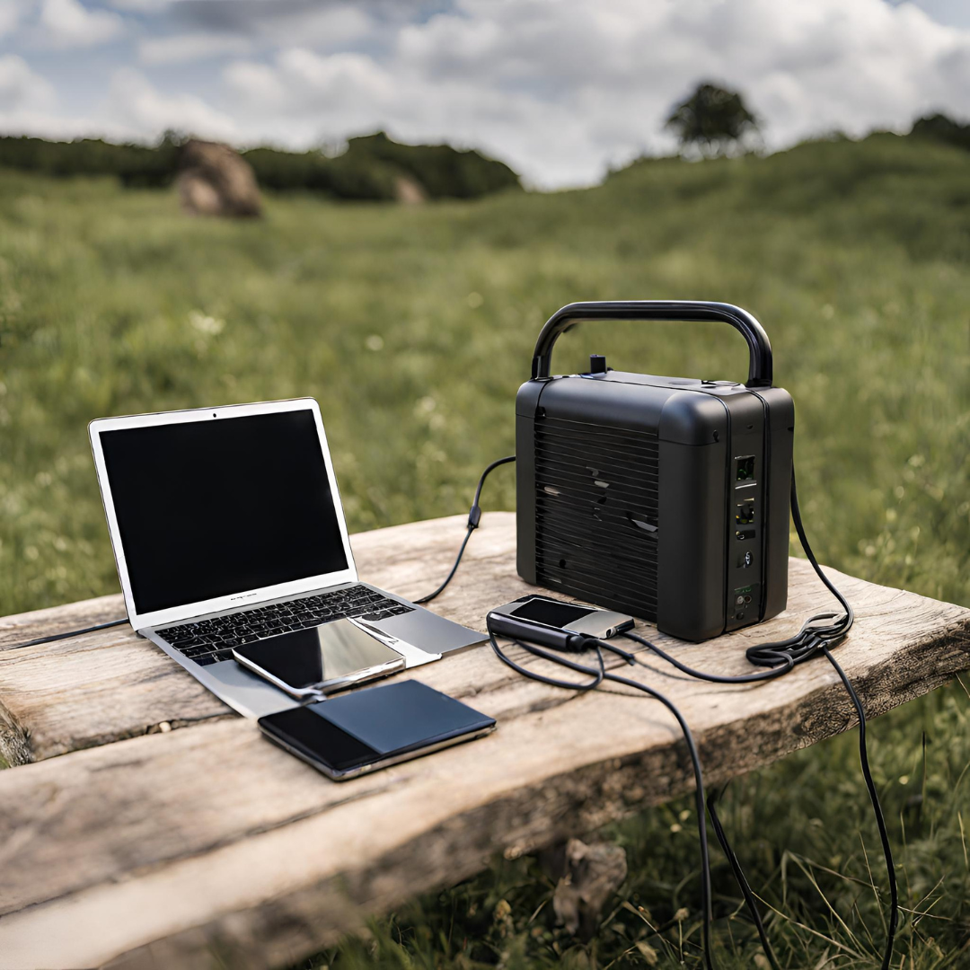 a photo of a small portable power station charging a laptop and smartphone